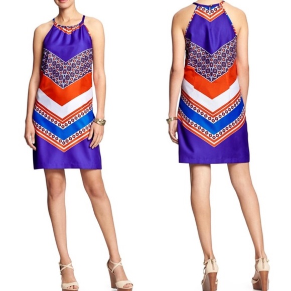 Banana Republic Orange White‎ and Blue Halter Shift Dress Warm Combo SZ 2 - Picture 2 of 15